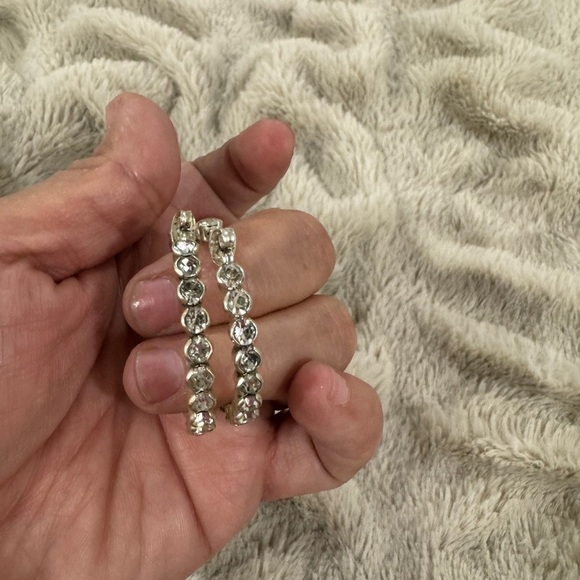 Silver Rhinestone Hoop Earrings | Double Row Sparkle - Picture 3 of 4